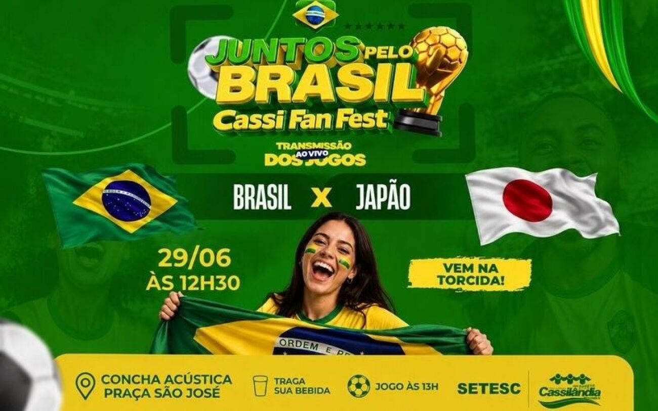 Ilustração da notícia Cassi Fan Fest transmite Brasil x Japão nesta segunda-feira em Cassilândia da MS Todo dia